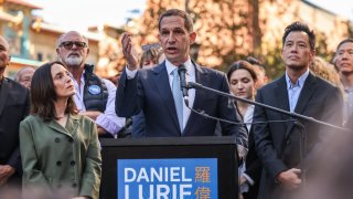 Mayor- Elect Daniel Lurie speaks in St. Mary’s square a day after winning the Mayoral race in San Francisco on Friday, Nov. 8, 2024.