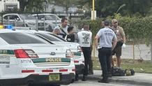 A blue-haired suspect is taken into custody after returning to the scene of a stabbing at a Tamiami restaurant.