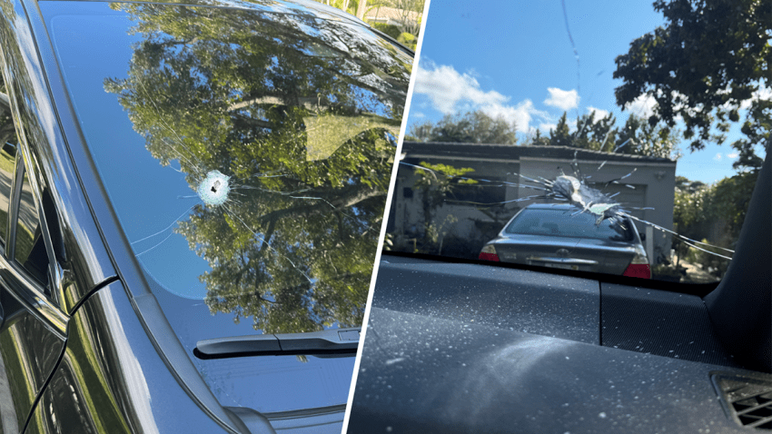 Photos show a bullet hole in the windshield of a woman who was shot while driving on I-95 in Miami-Dade on Nov. 25, 2024.