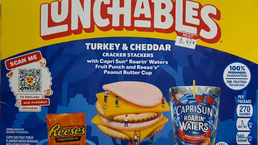 A Lunchables package is shown on a grocery store shelf in New York on Tuesday, Nov. 12, 2024.