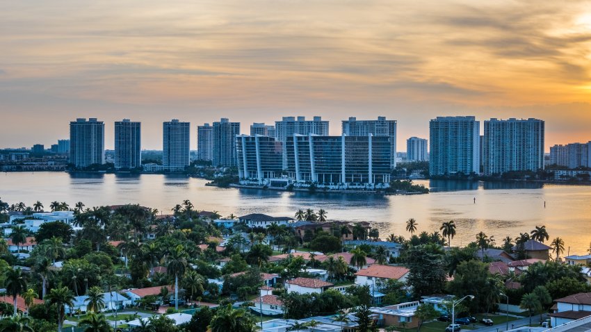 Skyline of South Florida waterfront city at sunset