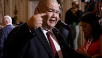 Steven Cheung, former political advisor of Donald J. Trump administration, during former US President Donald Trump remarks at the Mar-a-Lago Club in Palm Beach, Florida, US, on Tuesday, April 4, 2023. Trump entered a not-guilty plea to 34 counts of falsifying business records in the first degree in a proceeding that took a little less than an hour. Photographer: Eva Marie Uzcategui/Bloomberg via Getty Images