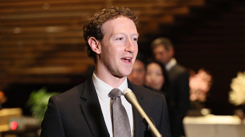 This photo taken on February 27, 2024 shows Mark Zuckerberg, head of US tech giant Meta, speaking to reporters at the Japanese prime minister’s office during his visit to Tokyo. (Photo by JIJI Press / AFP) / Japan OUT (Photo by STR/JIJI Press/AFP via Getty Images)