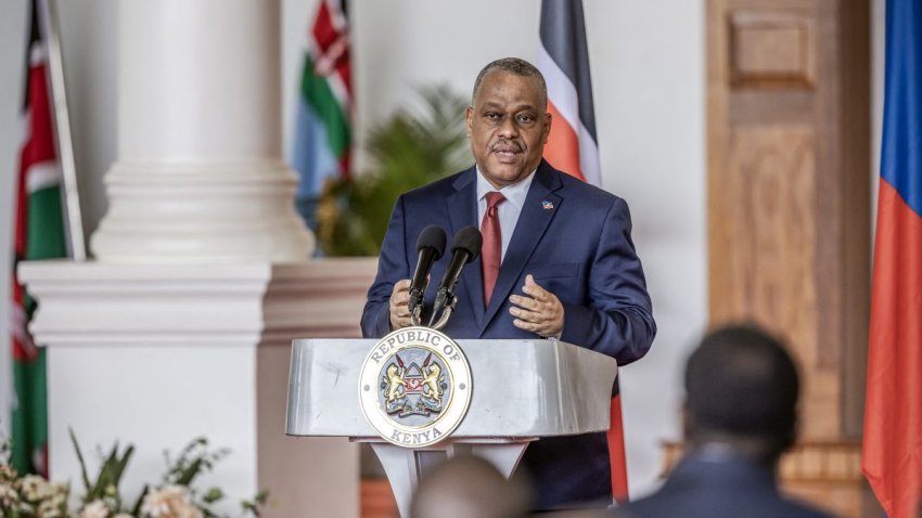 Prime Minister of Haiti Garry Conille delivers his remarks during a joint press conference with President of Kenya William Ruto (unseen) at the State House in Nairobi on October 11, 2024.Kenyan President William Ruto pledged an additional 600 officers for the UN-backed mission to Haiti, following a meeting on October 11, 2024 with Haiti’s visiting prime minister, as both urged the international community to do more. (Photo by LUIS TATO / AFP) (Photo by LUIS TATO/AFP via Getty Images)