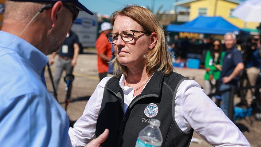 ST PETE BEACH, FLORIDA – OCTOBER 13: Deanne Criswell, Administrator of the U.S. Federal Emergency Management Agency, during a tour with U.S. President Joe Biden of the damage caused by Hurricane Milton on October 13, 2024 in St Pete Beach, Florida. Biden visited the area as it deals with back-to-back hurricanes that have caused extensive damage. (Photo by Joe Raedle/Getty Images)