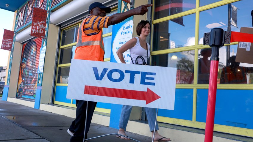 MIAMI, FLORIDA – OCTOBER 21: A poll worker directs a voter to a polling station set up inside of the Little Haiti Cultural Complex as Early Voting begins on October 21, 2024, in Miami, Florida. Early voting runs from Oct. 21 through Nov. 3 in Miami-Dade and Broward. People head to the polls to decide, among other races, the next president of the United States. (Photo by Joe Raedle/Getty Images)