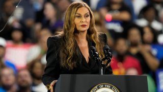 Tina Knowles, mother of Beyoncé Knowles, speaks at a Vice President Kamala Harris rally Friday, Oct. 25, 2024