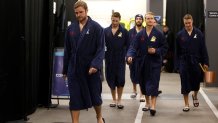 TAMPERE, FINLAND - NOVEMBER 01: Aleksander Barkov #16, Gustav Forsling #42, Anton Lundell #15, Aaron Ekblad #5 and Matthew Tkachuk #19 of the Florida Panthers arrives at the arena ahead of the 2024 NHL Global Series Finland game against the Dallas Stars at Nokia Arena on November 01, 2024 in Tampere, Finland.  (Photo by Eliot J. Schechter/NHLI via Getty Images)