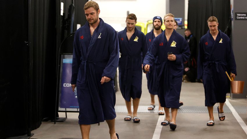 TAMPERE, FINLAND – NOVEMBER 01: Aleksander Barkov #16, Gustav Forsling #42, Anton Lundell #15, Aaron Ekblad #5 and Matthew Tkachuk #19 of the Florida Panthers arrives at the arena ahead of the 2024 NHL Global Series Finland game against the Dallas Stars at Nokia Arena on November 01, 2024 in Tampere, Finland.  (Photo by Eliot J. Schechter/NHLI via Getty Images)