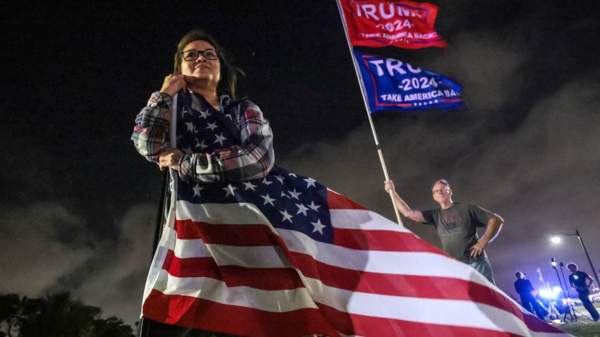 TOPSHOT – Supporters of former US president and Republican presidential candidate Donald Trump gather near his Mar-a-Lago resort in Palm Beach, Florida, on Election Day, November 5, 2024. (Photo by Giorgio Viera / AFP) (Photo by GIORGIO VIERA/AFP via Getty Images)