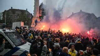 Fans of Maccabi Tel Aviv stage a pro-Israel demonstration at the Dam Square, lighting up flares and chanting slogans ahead of the UEFA Europa League match between Maccabi Tel Aviv and Ajax in Amsterdam, Netherlands on November 07, 2024. Maccabi fans clashed security risk zones.