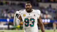 INGLEWOOD, CALIFORNIA – NOVEMBER 11: Calais Campbell #93 of the Miami Dolphins reacts as he walks off the field following an NFL Football game against the Los Angeles Rams at SoFi Stadium on November 11, 2024 in Inglewood, California. (Photo by Michael Owens/Getty Images)