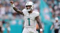 MIAMI GARDENS, FLORIDA – NOVEMBER 17: Tua Tagovailoa #1 of the Miami Dolphins celebrates after a touchdown pass in the fourth quarter of a game against the Las Vegas Raiders at Hard Rock Stadium on November 17, 2024 in Miami Gardens, Florida. (Photo by Megan Briggs/Getty Images)