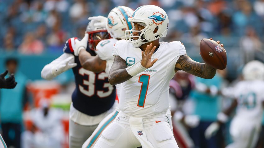 MIAMI GARDENS, FL – NOVEMBER 24: Miami Dolphins quarterback Tua Tagovailoa (1) throws a pass during the game between the Miami Dolphins and the New England Patriots on November  24, 2024 at Hard Rock Stadium in Miami Gardens, Fl. (Photo by David Rosenblum/Icon Sportswire via Getty Images)