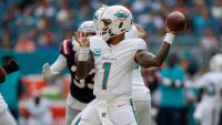 MIAMI GARDENS, FL – NOVEMBER 24:Miami Dolphins quarterback Tua Tagovailoa (1) throws a pass during the game between the Miami Dolphins and the New England Patriots on November  24, 2024 at Hard Rock Stadium in Miami Gardens, Fl. (Photo by David Rosenblum/Icon Sportswire via Getty Images)