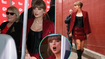 Taylor Swift stunts in red and black plaid set supporting Travis Kelce