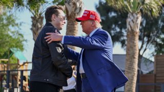 U.S. President-elect Donald Trump greets Elon Musk before attending a viewing of the launch of the sixth test flight of the SpaceX Starship rocket, in Brownsville, Texas, U.S., November 19, 2024. 