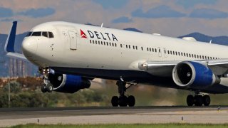 A Boeing 767-332(ER) from Delta Air Lines takes off from Barcelona El Prat Airport in Barcelona, Spain, on October 8, 2024.