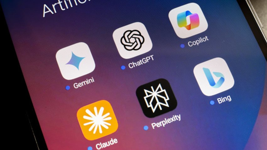 The logos of Google Gemini, ChatGPT, Microsoft Copilot, Claude by Anthropic, Perplexity, and Bing apps are displayed on the screen of a smartphone in Reno, United States, on November 21, 2024.