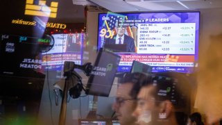 A television station on the floor of the New York Stock Exchange (NYSE) in New York, U.S., broadcasts U.S. Federal Reserve Chair Jerome Powell, on Wednesday, Dec. 18, 2024.