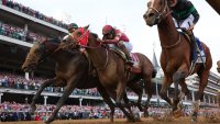 Mystik Dan #3, ridden by jockey Brian J. Hernandez Jr. (R), crosses the finish line ahead of Sierra Leone #2, ridden by jockey Tyler Gaffalione and Forever Young, ridden by jockey Ryusei Sakai to win the 150th running of the Kentucky Derby at Churchill Downs on May 04, 2024 in Louisville, Kentucky. 