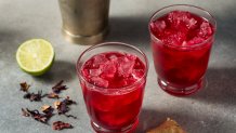 Boozy Cold Jamaican Hibiscus Sorrel Cocktail with Rum and Ice