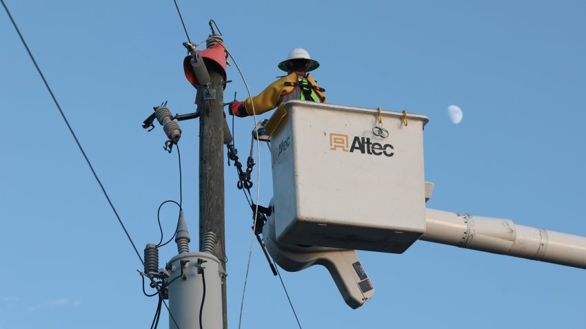 Utility workers supervised by Florida Power and Light work on a transformer in Punta Gorda, Florida, on October 12, 2024. Hurricane Milton makes landfall near Siesta Key, Florida, on Wednesday night as a Category 3 storm. Officials confirm that at least 23 people die from the storm. Milton moves across the Florida peninsula on Thursday and over the Atlantic Ocean. More than 1.3 million customers are without power in Florida on Saturday, according to a utility tracker. (Photo by Thomas O’Neill/NurPhoto via Getty Images)