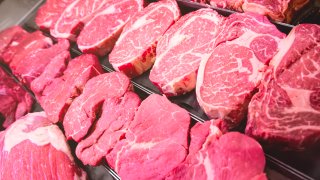 A close-up view of various fresh beef cuts