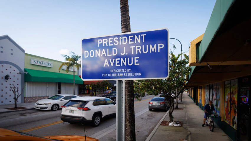 The sign “President Donald J. Trump Avenue” sits on Palm Ave during the day on Monday, Nov. 25, 2024, after its designation in Hialeah. (Alie Skowronski/Miami Herald/Tribune News Service via Getty Images)