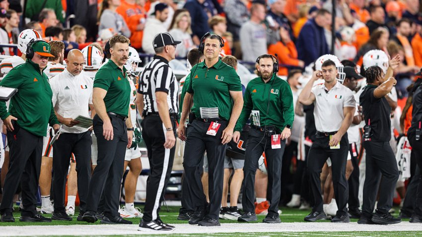 SYRACUSE, NEW YORK – NOVEMBER 30: Head Coach Mario Cristobal of the Miami Hurricanes looks on during the third quarter against the Syracuse Orange at JMA Wireless Dome on November 30, 2024 in Syracuse, New York. (Photo by Bryan Bennett/Getty Images)