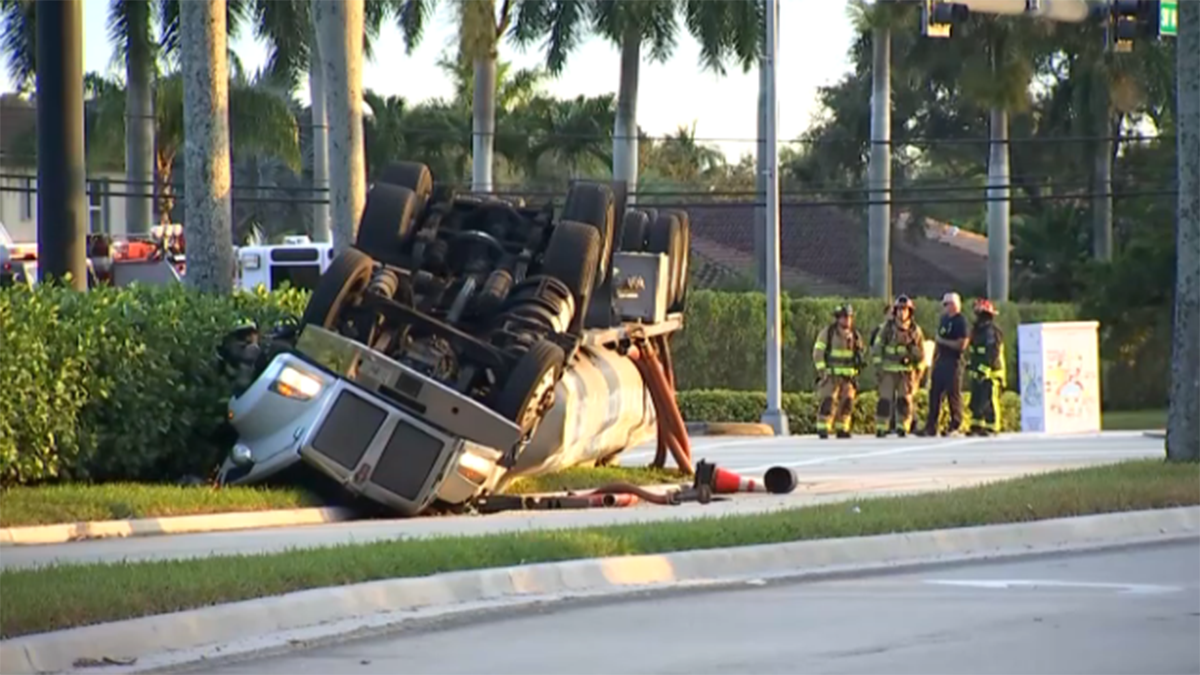 Crews work to clean fuel spill after tanker truck rolls over in Miramar ...
