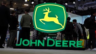 John Deere booth signage is displayed at CES 2023 at the Las Vegas Convention Center on January 6, 2023 in Las Vegas, Nevada.