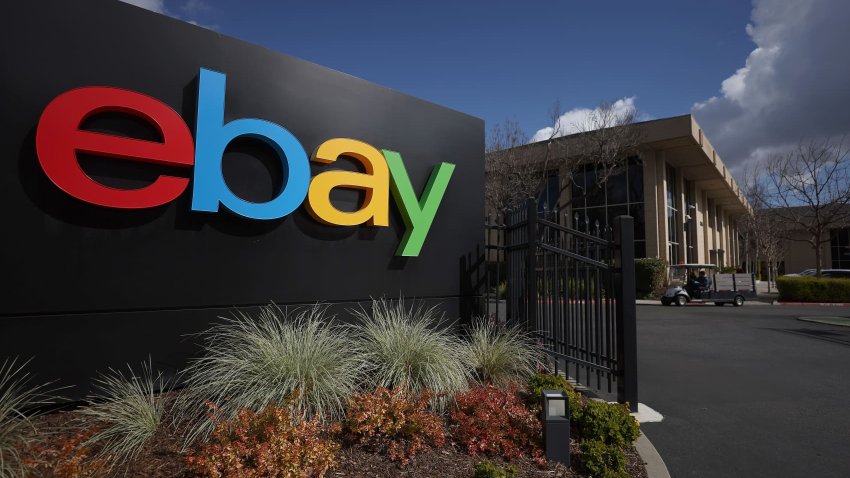 A sign is posted in front of the eBay headquarters in San Jose, California.