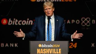 Former President and 2024 Republican presidential candidate Donald Trump gestures while giving a keynote speech on the third day of the Bitcoin 2024 conference in Nashville, Tennessee, on July 27, 2024.