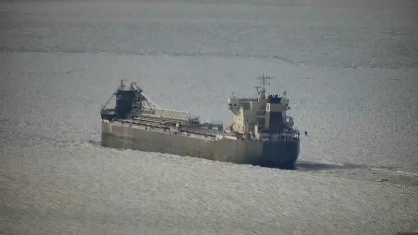 A freighter in an icy lake.