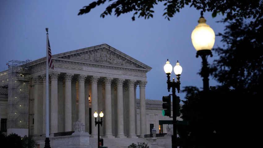 The U.S. Supreme Court is shown at dusk on June 28, 2023 in Washington, DC.