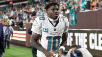 CLEVELAND, OH – DECEMBER 29: Miami Dolphins wide receiver Tyreek Hill (10) leaves the field following the National Football League game between the Miami Dolphins and Cleveland Browns on December 29, 2024, at Huntington Bank Field  in Cleveland, OH. (Photo by Frank Jansky/Icon Sportswire via Getty Images)