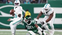 EAST RUTHERFORD, NEW JERSEY – JANUARY 05: Will McDonald IV #99 of the New York Jets forces a fumble from Tyler Huntley #18 of the Miami Dolphins during the second quarter at MetLife Stadium on January 05, 2025 in East Rutherford, New Jersey. (Photo by Luke Hales/Getty Images)