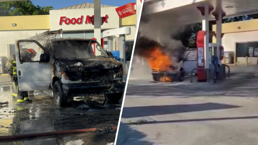 Video shows how firefighters put out a car on fire at a gas station in Lauderhill Tuesday. 