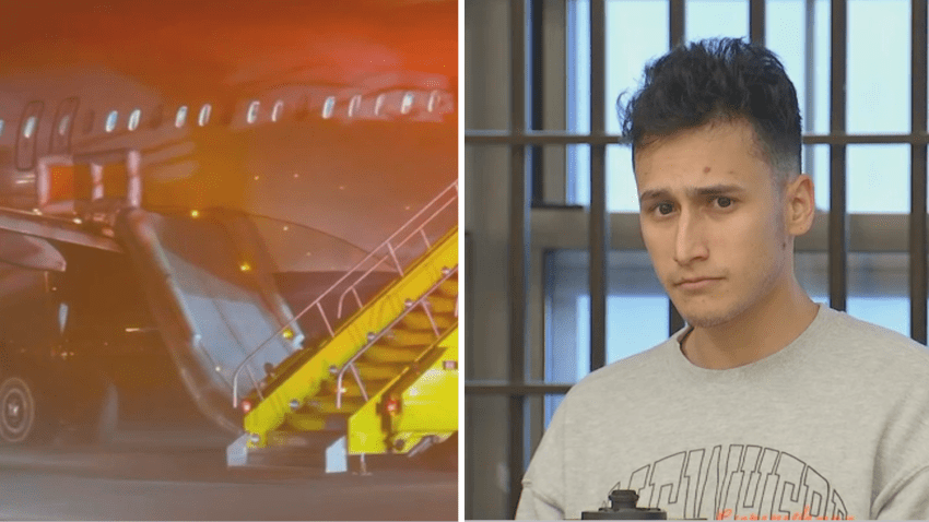 At left, an emergency slide deployed on a JetBlue plane at Logan International Airport on Tuesday, Jan. 7, 2025. At right, Angel Luis Morales Torres appears in court the next day to face a charge in the incident.