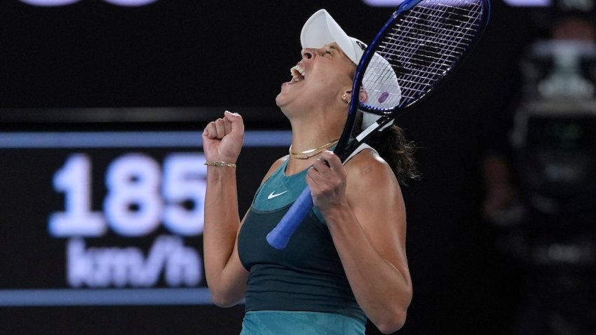 Madison Keys of the U.S. celebrates after defeating Aryna Sabalenka of Belarus in the women’s singles final at the Australian Open tennis championship in Melbourne, Australia, Saturday, Jan. 25, 2025. (AP Photo/Ng Han Guan)