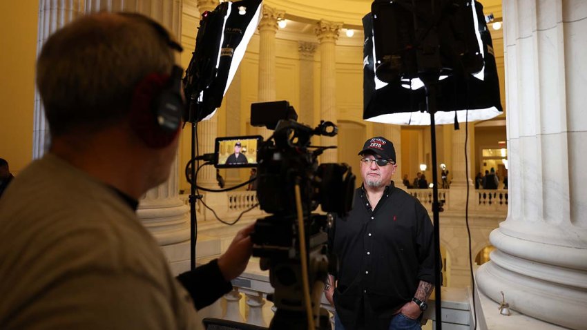 Oath Keepers founder Stewart Rhodes speaks to the press in the Cannon Rotunda on Jan. 22, 2025 in Washington, D.C. Rhodes was among the about 1,500 criminal defendants who were charged in the Jan. 6, 2021, attacks on the Capitol and pardoned by President Donald Trump.