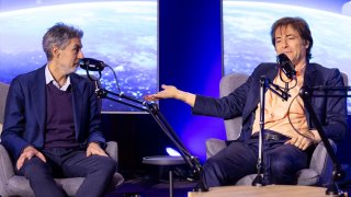 Yoshua Bengio (L) and Max Tegmark (R) discuss the development of artificial general intelligence during a live podcast recording of CNBC’s “Beyond The Valley” in Davos, Switzerland in January 2025.