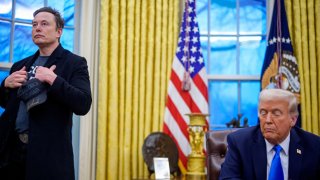 Tesla and SpaceX CEO Elon Musk and U.S. President Donald Trump appear during an executive order signing in the Oval Office at the White House on Feb. 11, 2025 in Washington, DC.
