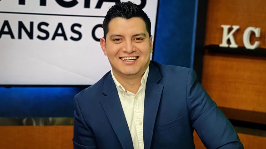 Adan Manzano, an anchor and reporter, on the set at Telemundo Kansas City in Missouri.