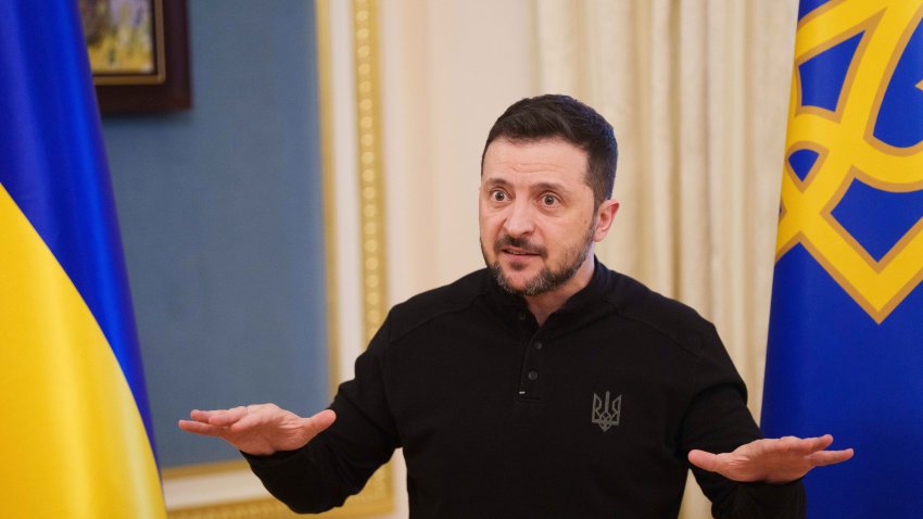 Ukrainian President Volodymyr Zelenskyy speaks to journalists during press conference in Kyiv, Ukraine,  Wednesday, Feb. 26, 2025.