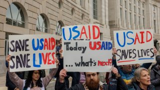 Protest outside USAID offices.