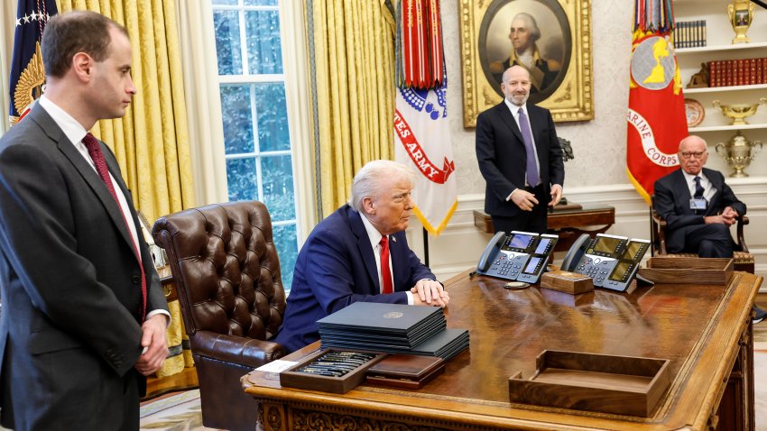 WASHINGTON, DC – FEBRUARY 03: U.S. President Donald Trump speaks to reporters in the Oval Office of the White House on February 03, 2025 in Washington, DC. After signing a series of executive orders and proclamations, Trump spoke to reporters about a range of topics including recent negotiations with Mexico on tariffs. Trump was joined in the Oval Office by (L-R) White House staff secretary Will Scharf, Howard Lutnick, his nominee for Commerce Secretary, and Former Executive Chairman of Fox Corp Rupert Murdoch. (Photo by Anna Moneymaker/Getty Images)