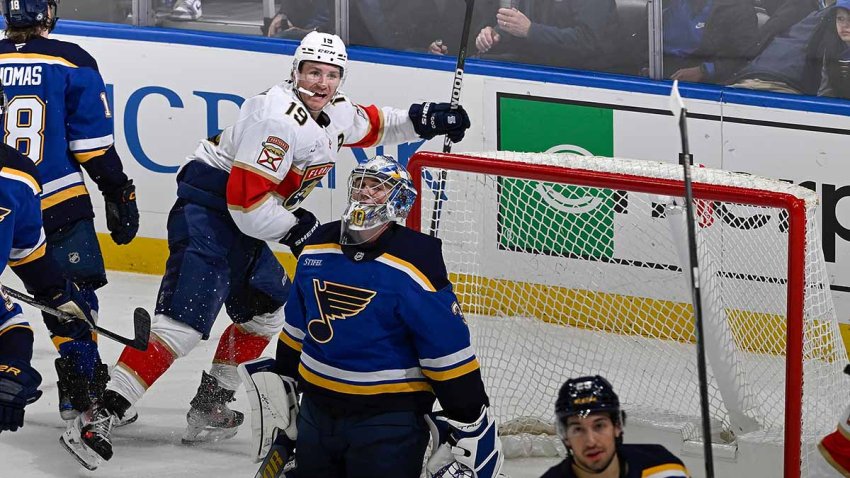 ST. LOUIS, MO – FEBRUARY 6: Matthew Tkachuk #19 of the Florida Panthers celebrates after Joel Hofer #30 of the St. Louis Blues gives up a goal on February 6, 2025 at the Enterprise Center in St. Louis, Missouri. (Photo by Joe Puetz/NHLI via Getty Images)