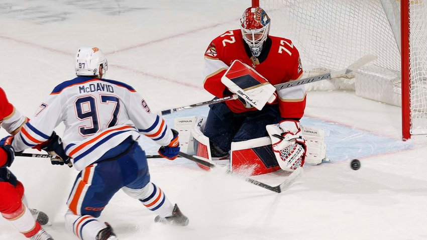 SUNRISE, FL – FEBRUARY 27: Goaltender Sergei Bobrovsky #72 of the Florida Panthers stops a shot by Connor McDavid #97 of the Edmonton Oilers in the third period at the Amerant Bank Arena on February 27, 2025 in Sunrise, Florida. (Photo by Joel Auerbach/Getty Images)